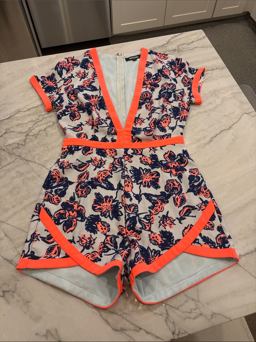 MISSGUIDED Floral Navy & Hot Pink One-Piece Romper SZ 6 but fits small